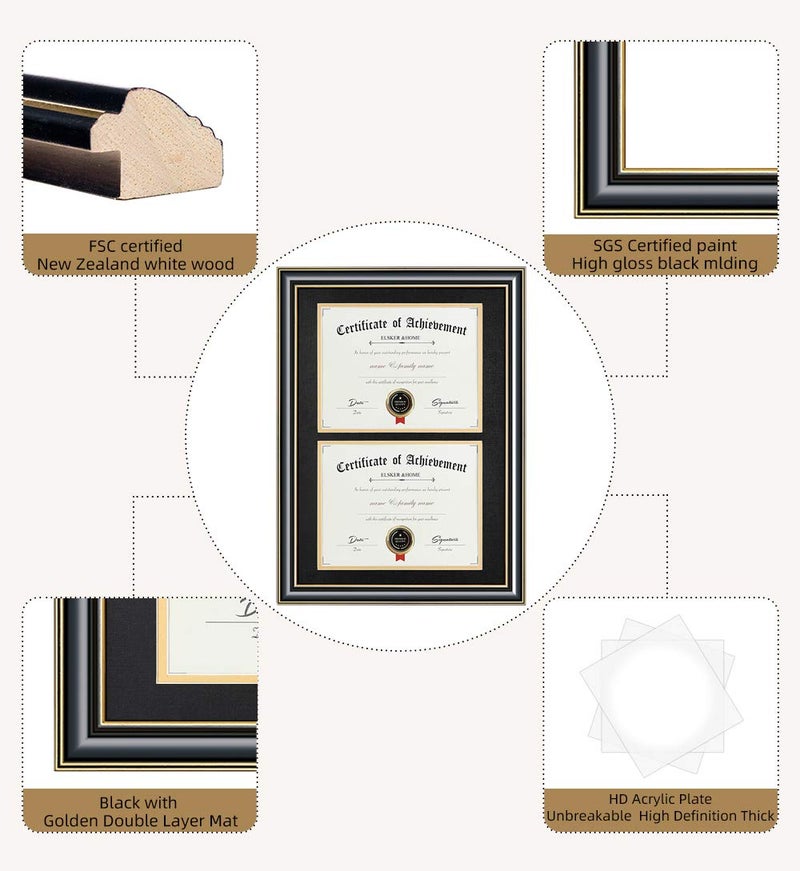 ELSKER&HOME Wood Picture Frame, 16.73x22.64in, Double Mat Black Mat with Golden Rim, Document Frame for 2 8.5x11in Certificates, Diploma, Wall Mount - Image 5